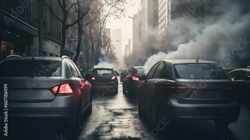 Cars on the street of the city are stuck in a traffic jam. Heavy smoke © cherezoff