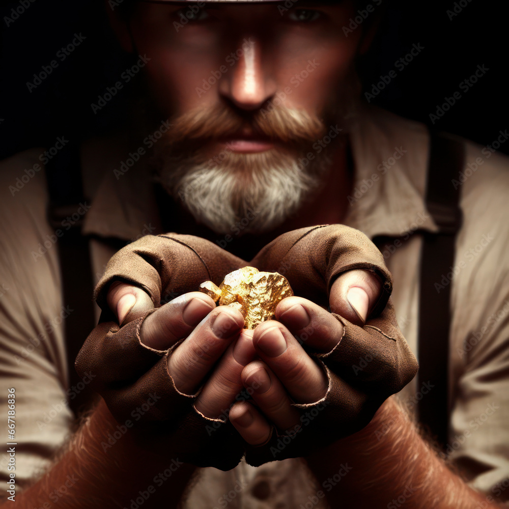 gold miner portrait, gold nugget in the hands of a prospector. ai generative - obrazy, fototapety, plakaty 