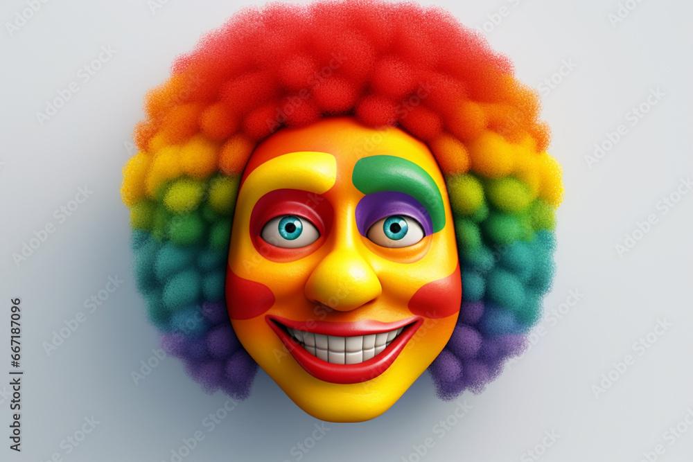 Clown with colorful wig on a gray background. 3d rendering