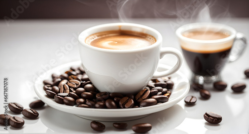 hot espresso and coffee bean on white table and over light in th