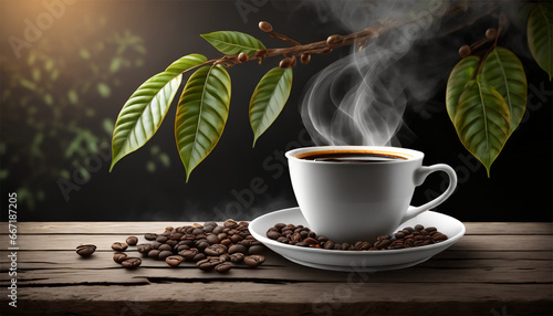 Coffee cup and coffee beans on wooden table with nature background