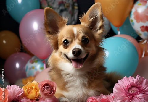 Cute chihuahua dog with colorful balloons