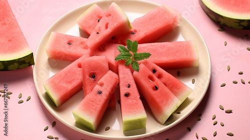 A image of Plate with tasty watermelon slices on pink background, closeup Generative AI