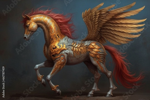 Horse with winged mane on a dark background. 3d rendering © Ahsan ullah