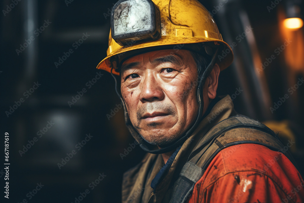 Generative ai technology portrait of mine worker wearing hardhat helmet standing in a mine Generative ai technology portrait of mine worker wearing hardhat helmet standing in a mine