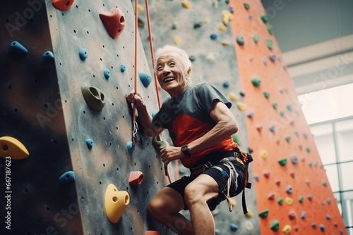 asian old sportsman exercises climbing on climbing wall