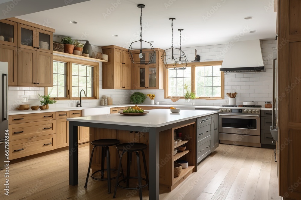 Große Küche mit Essbereich und Arbeitsplatten. Kochen, wohnen und leben in der Küche. Einbauschränke aus Holz und helle Fenster. Große Küche mit Essbereich und Arbeitsplatten. Kochen, wohnen und leben in der Küche. Einbauschränke aus Holz und helle Fenster.