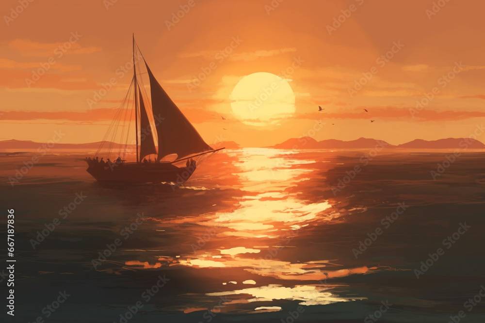 Sailing boat in the sea at sunset. 3d render illustration