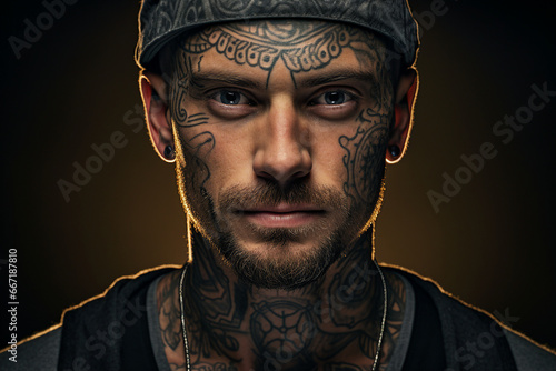 Close up photo of full body tattooed handsome man in creative design picture made with generative ai