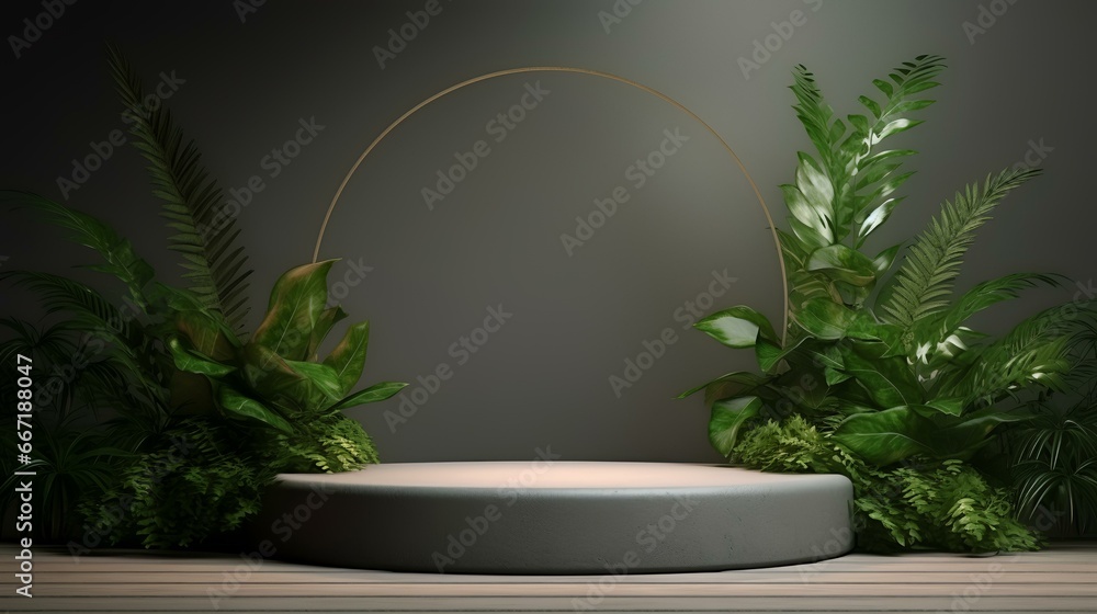 3D rendering platform podium with plant product 3D rendering platform podium with plant product