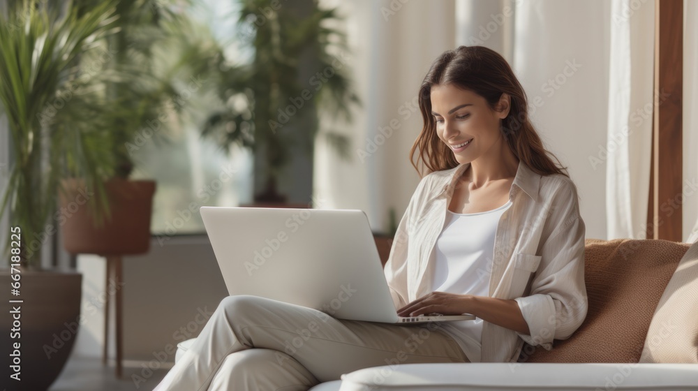 Happy young woman shopping online at laptop on sofa at home Happy young woman shopping online at laptop on sofa at home
