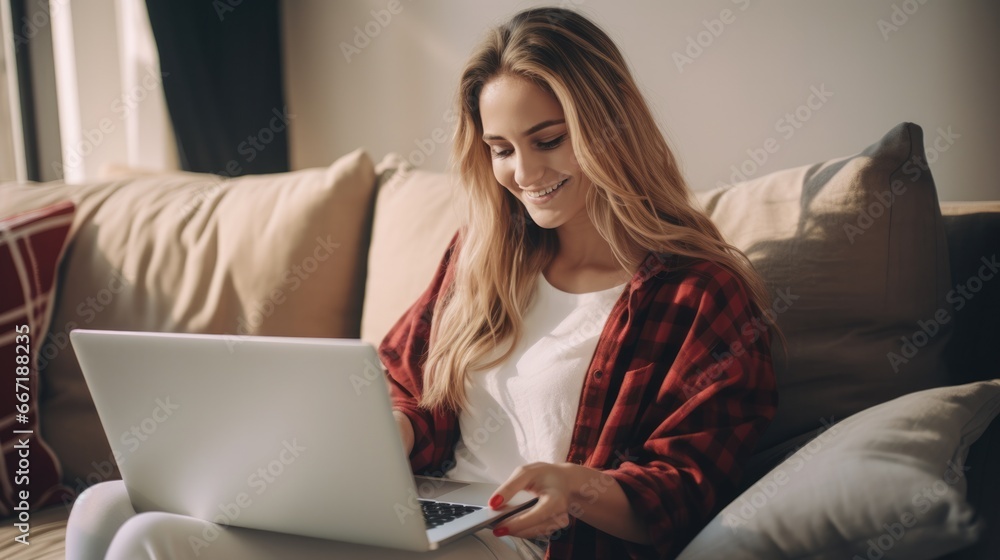 Happy young woman shopping online at laptop on sofa at home Happy young woman shopping online at laptop on sofa at home