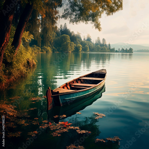 Rustic lake boat. Lake wallpaper. Lake water landscape. Generative AI © Oleksandr
