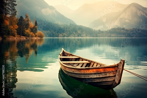 Rustic lake boat. Lake wallpaper. Lake water landscape. Generative AI