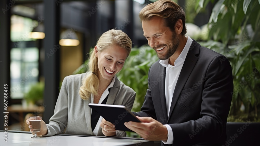 Happy business colleagues having discussion of work on tablet at office Happy business colleagues having discussion of work on tablet at office