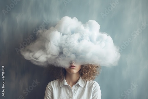 Junge Frau mit Rauchwolke in ihrem Kopf. Konzept der Depression, geistige Gesundheit, Gedächtnisverlust, Demenz, Ideen und Stress