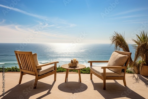 Relax and unwind on a terrace with comfy chairs and stunning ocean vistas at a lavish vacation spot. Embrace the summer vibe. Generative AI © Amaya