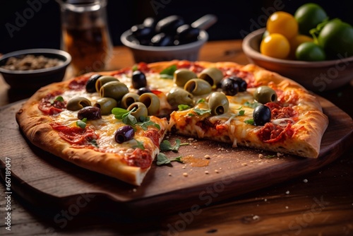 Pizza with salami, olives and mozzarella on wooden board pizza slice Generative AI