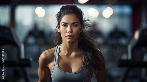 A portrait of a woman engaged in an intense workout with a modern gym equipments 