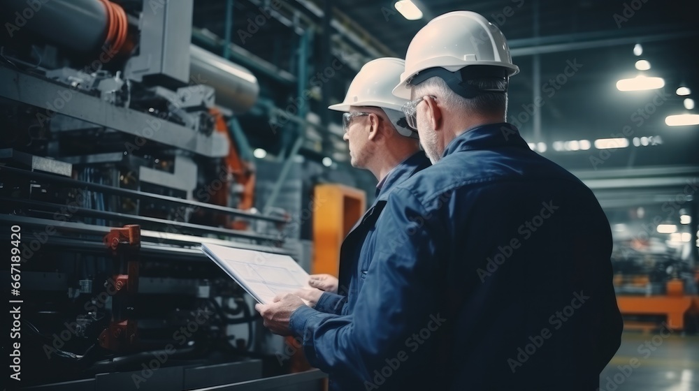 Engineers and factory managers wearing safety helmet inspect the machines in the production. inspector opened the machine to test the system to meet the standard. machine, maintenance Engineers and factory managers wearing safety helmet inspect the machines in the production. inspector opened the machine to test the system to meet the standard. machine, maintenance