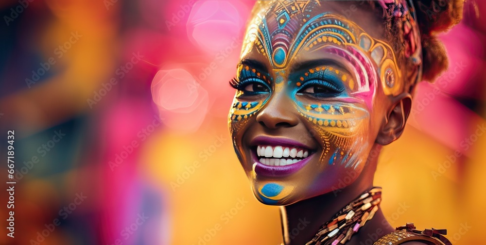 Latin woman with typical carnival make-up in the streets celebrating the festival, party concept