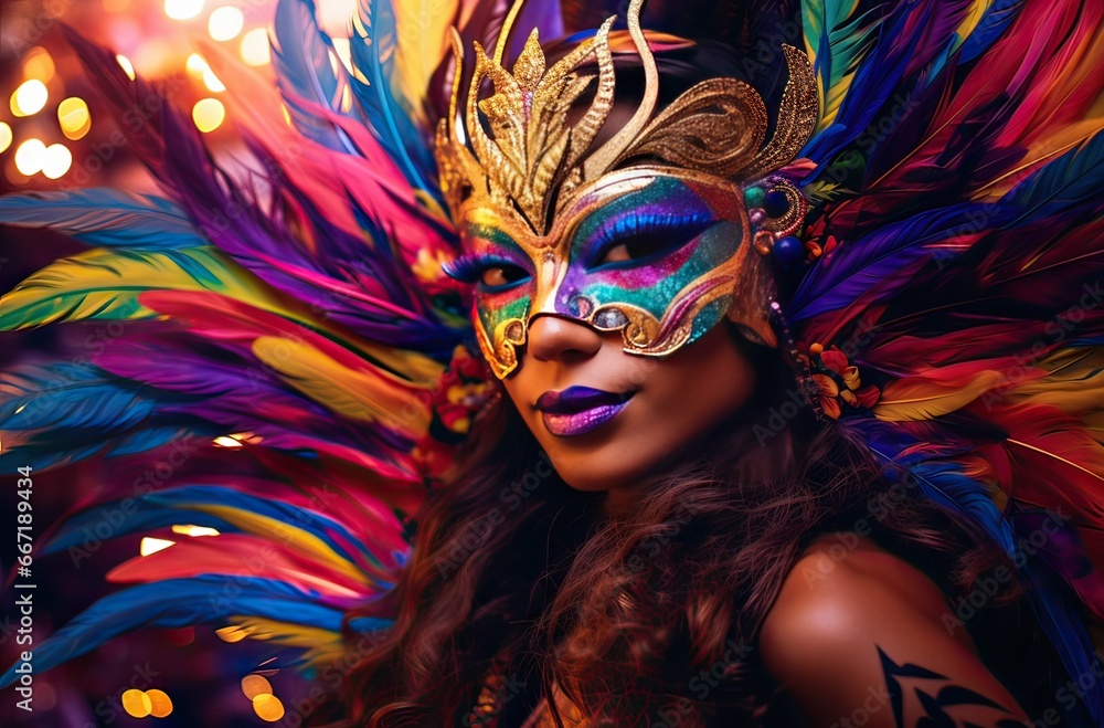 Latin woman in typical carnival costume in the streets celebrating the festival, party concept