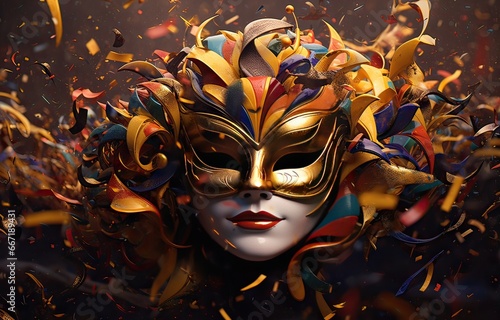 carnival background, typical mask in gold, red and blue colors