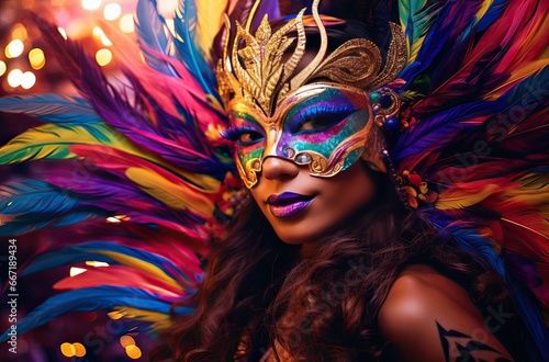 Latin woman in typical carnival costume in the streets celebrating the festival, party concept