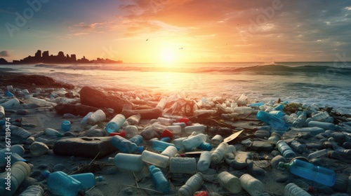 Save ocean. trash garbage at the beach and plastic bottles are difficult decompose prevent harm aquatic life. Earth, Environment, Greening planet, reduce global warming, Save world