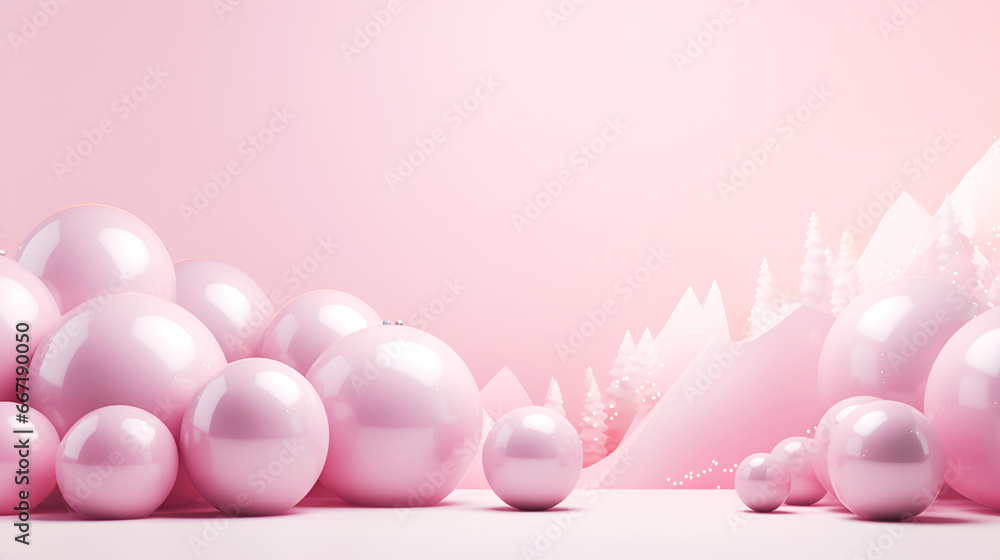 Abstract pink Christmas background with wavy patterns and Christmas shiny balls bubbles copy space greeting card design modern element
