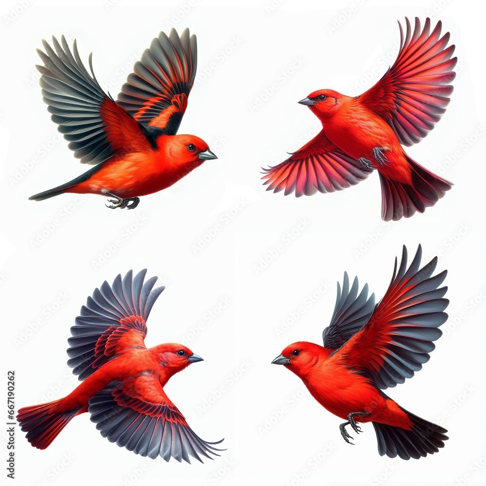 A set of Scarlet Tanagers flying isolated on a white background A set of Scarlet Tanagers flying isolated on a white background