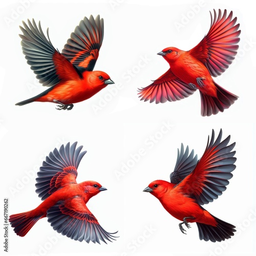 A set of male and female Scarlet Tanagers flying isolated on a white background