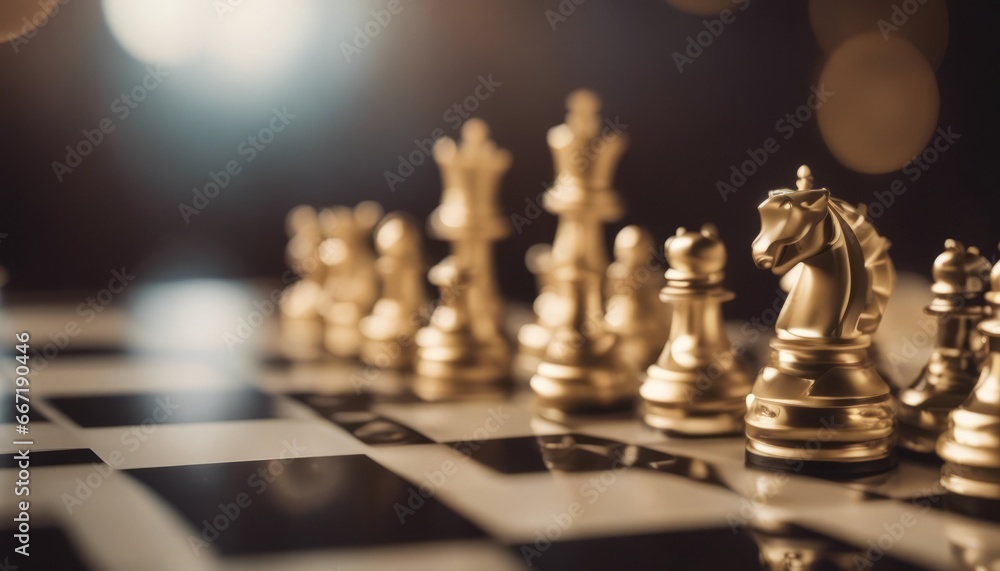 Chess pieces on game board in room, closeup