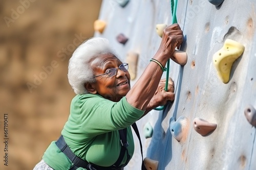 african old sportswoman exercises climbing on climbing wall