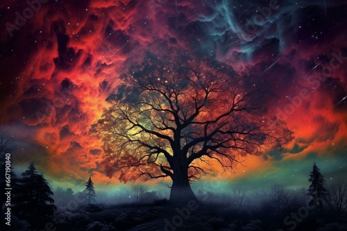 Stunning forest tree amidst colorful evening sky. Generative AI © Marisela