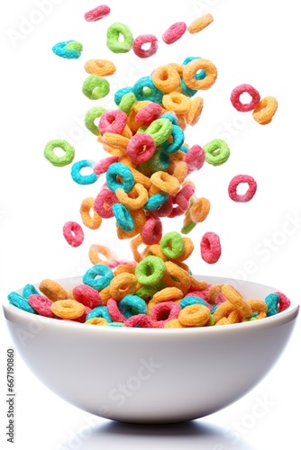 Cereal falling in to the bowl on white background. Generative Ai