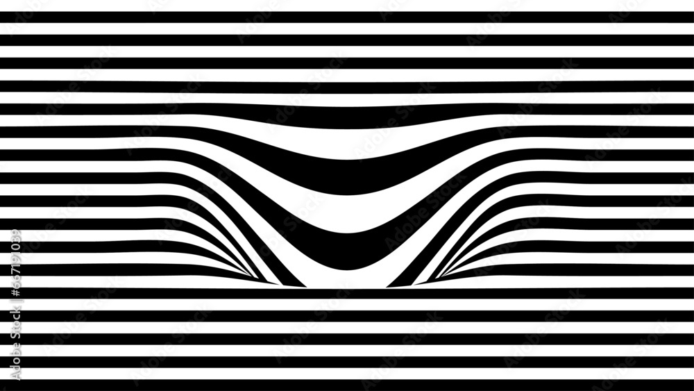 Black and white stripe pattern with warped wormhole effect in center - obrazy, fototapety, plakaty 