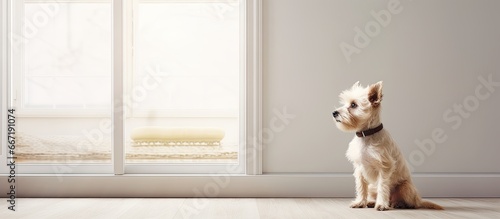 Indoor pet tiny upright dog anticipating owner gazing away near window