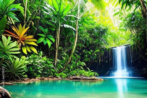 tropical waterfall in tropical garden © Mani Arts