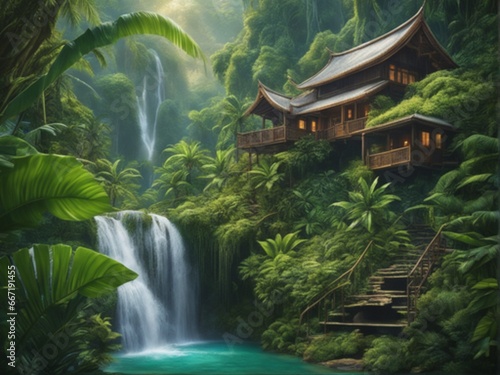 japanese garden with waterfall © Mani Arts