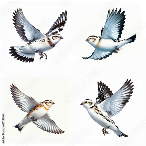 A set of male and female Snow Buntings flying isolated on a white background © Shoofly 3D