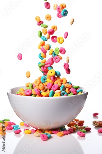 Cereal falling in to the bowl on white background. Generative Ai