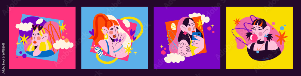 Cartoon characters of young teenagers grils. Retro groovy party 90s, Female hippie glamourous characters, acid poster Cartoon characters of young teenagers grils. Retro groovy party 90s, Female hippie glamourous characters, acid poster