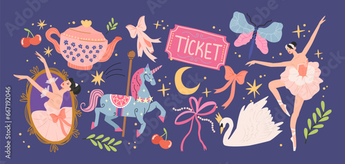Cartoon set of ballet stickers and ballerina dancers. Groovy set of cute delicate elements: swan, unicorn, bow, pointe shoes. Set of trendy bright stickers