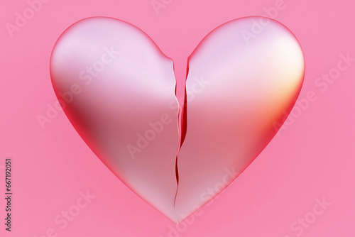 Pink broken heart in two parts, fall out of Love, love depression concept, 3d illustration