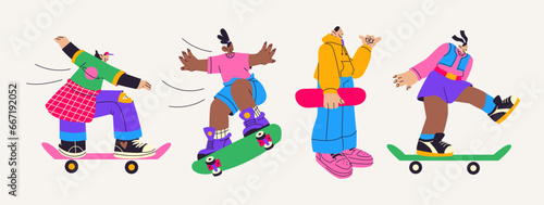 Cartoon characters skaters girls athletes. Active types of modern street sports, teenagers ride skateboards and do tricks