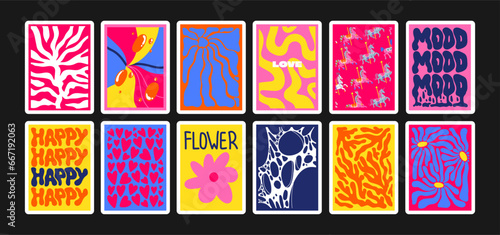 90s groovy posters. Cartoon psychedelic style. Bright hippie characters and retro elements. Trip landscapes with mountains, sun rays, flowers, trip wave. Vector collection