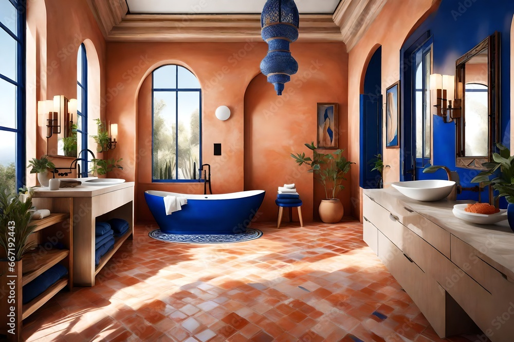 Bathroom in a Mediterranean villa style, clean modern design featuring terracotta and cobalt blue color scheme - obrazy, fototapety, plakaty 