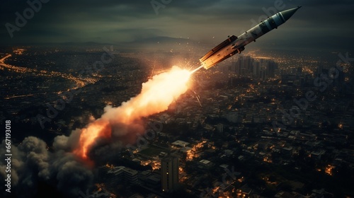 Missiles Launching Over City Skyline World War III
