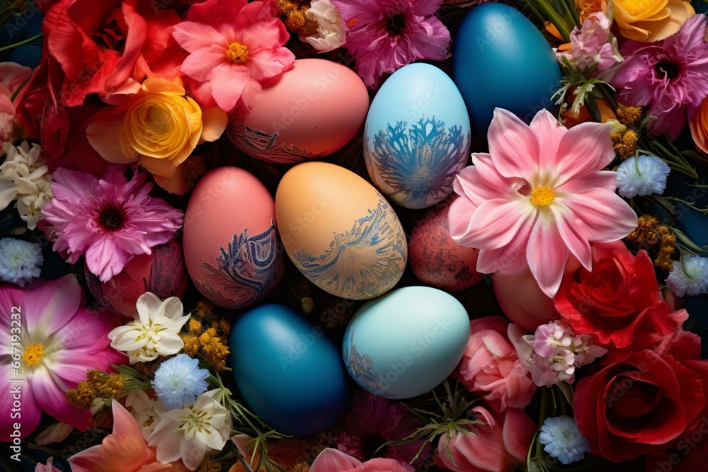 Colorful eggs surrounded by beautiful flowers. Generative AI